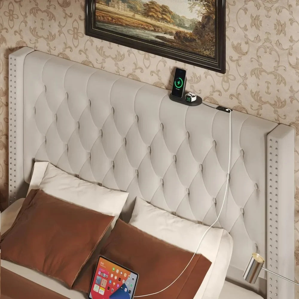 Velvet Upholstered Bed Frame Queen with Headboard and Storage, Tall Bed Frame with 2 Drawers, Tufted Wingback Bed Frame