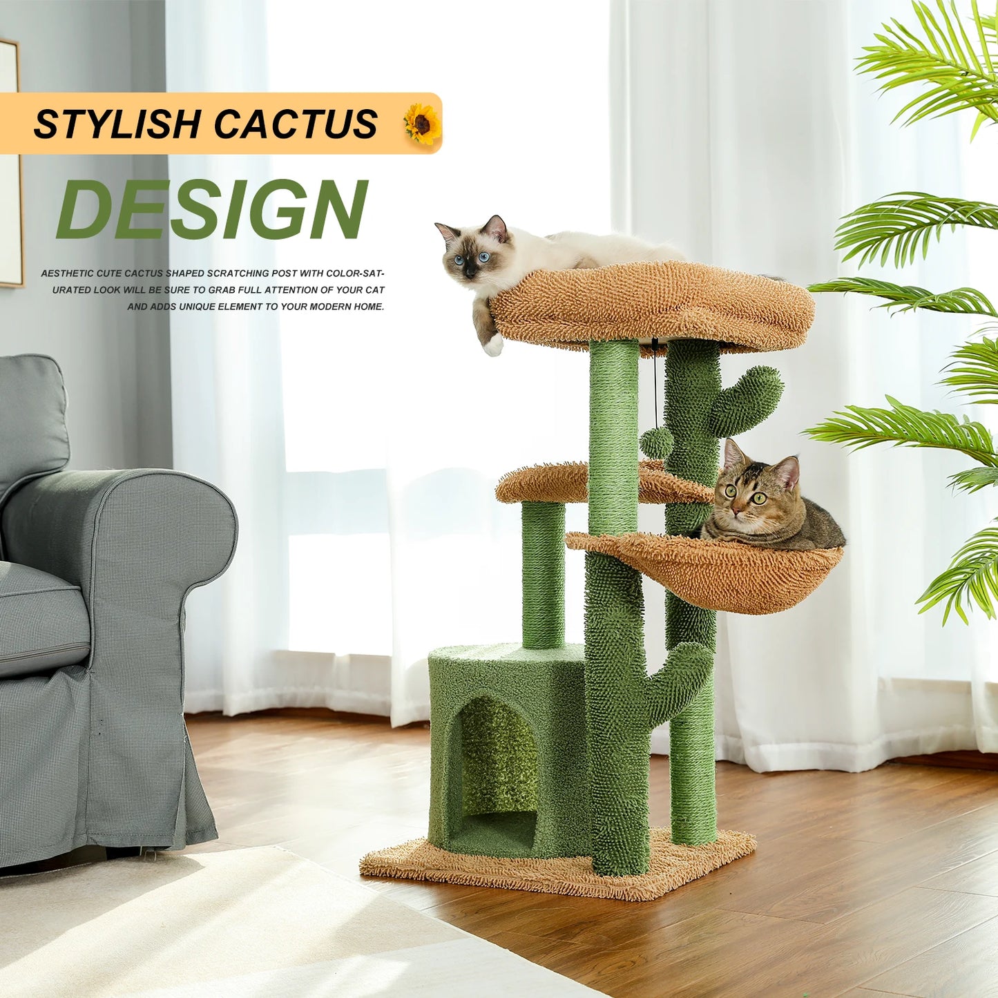 Cactus Cat Tree for Indoor Cats, Small Cat Tower with Sisal Scratching Post Cozy Condo Perches, Cat Accessories, Kitten Toys