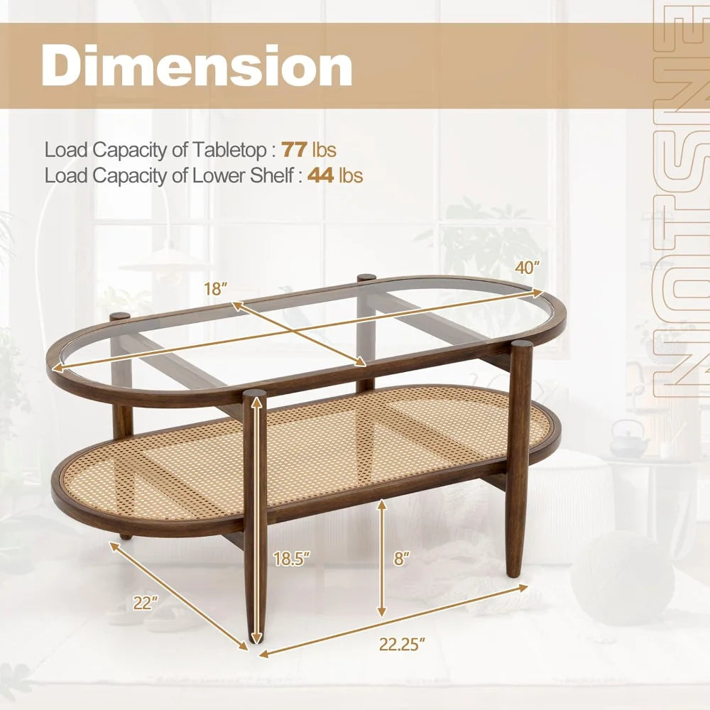 Rattan Coffee Table, 2-Tier Oval Acacia Wood Tea Table w/Tempered Glass Tabletop & PE Rattan Storage Shelf, Boho Cocktail Tables