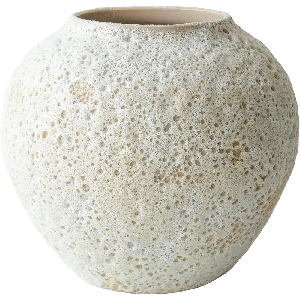 White Ceramic Vase Flower Vase, Big Textured Round Vases for Centerpieces, Kitchen, Living Room, (8" x 8.5" x 8.5") Vases