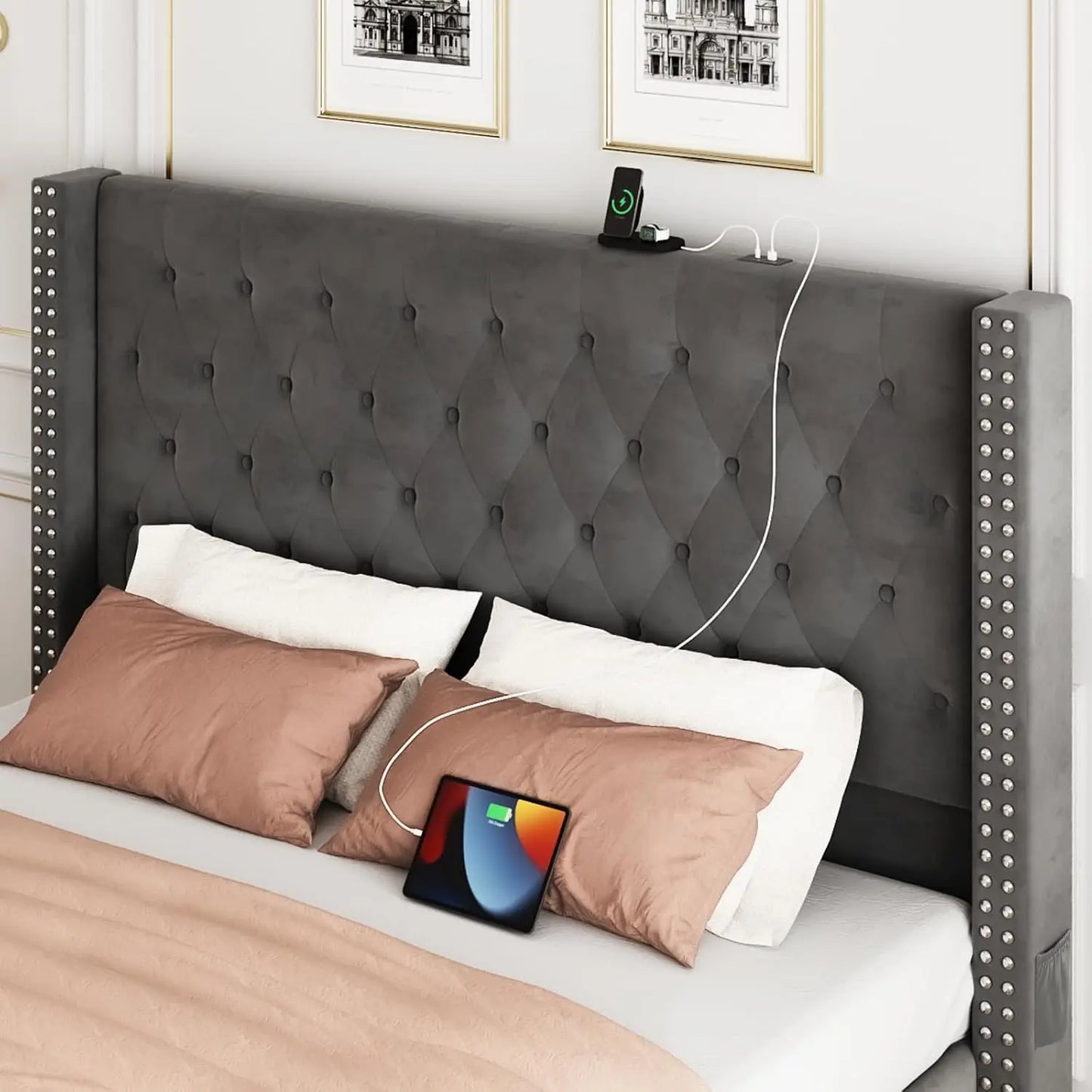 Upholstered Bed Frame Queen with Headboard and Storage, Velvet Tall Bed Frame with 2 Drawers, Tufted Wingback Bed Frame