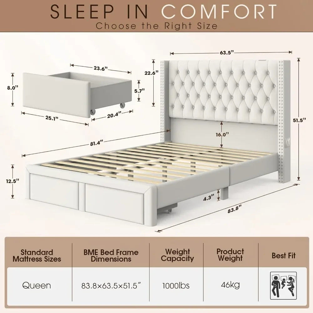Velvet Upholstered Bed Frame Queen with Headboard and Storage, Tall Bed Frame with 2 Drawers, Tufted Wingback Bed Frame