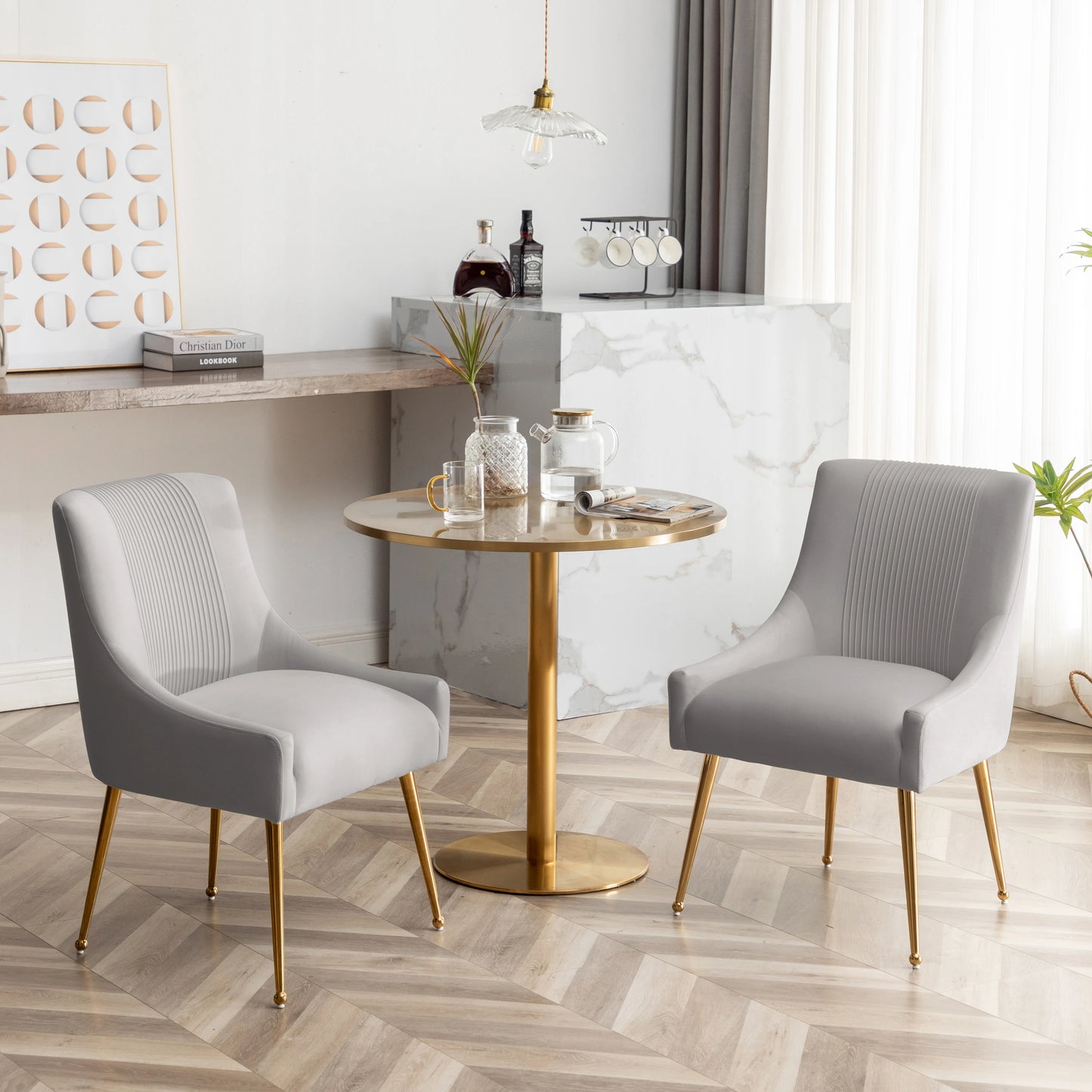 SEYNAR Modern Glam Boucle Pleated Velvet Dining Chair or Vanity Chair Set of 2 with Rear Handle