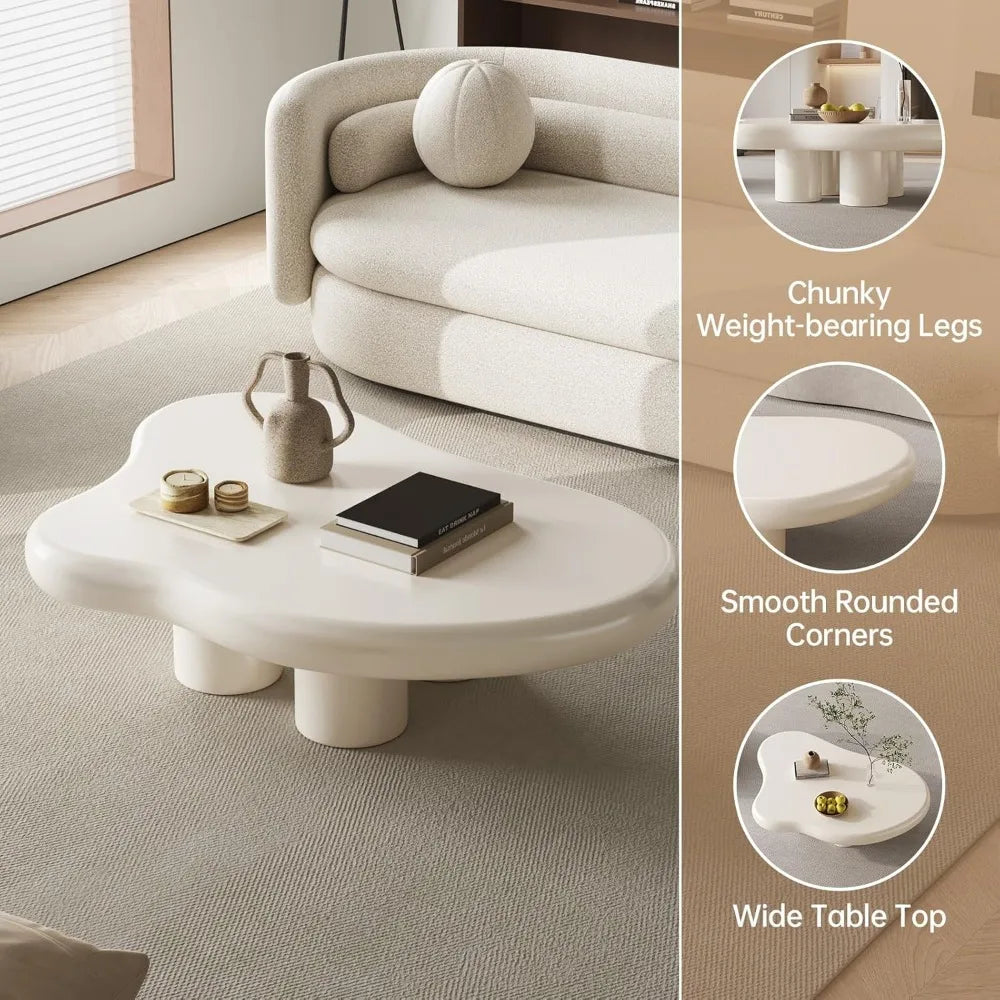 Cute Cream White Coffee Table - Cloud Design, 4 Legs, Small Sofa End Table for Living Room