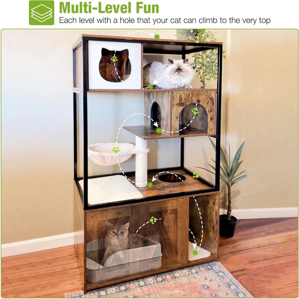 Cats Litter Box Enclosure Hidden Cat Litter Box Furniture with Cats Tree Wooden Cat House Indoor with Cats Cave, Scratching Post