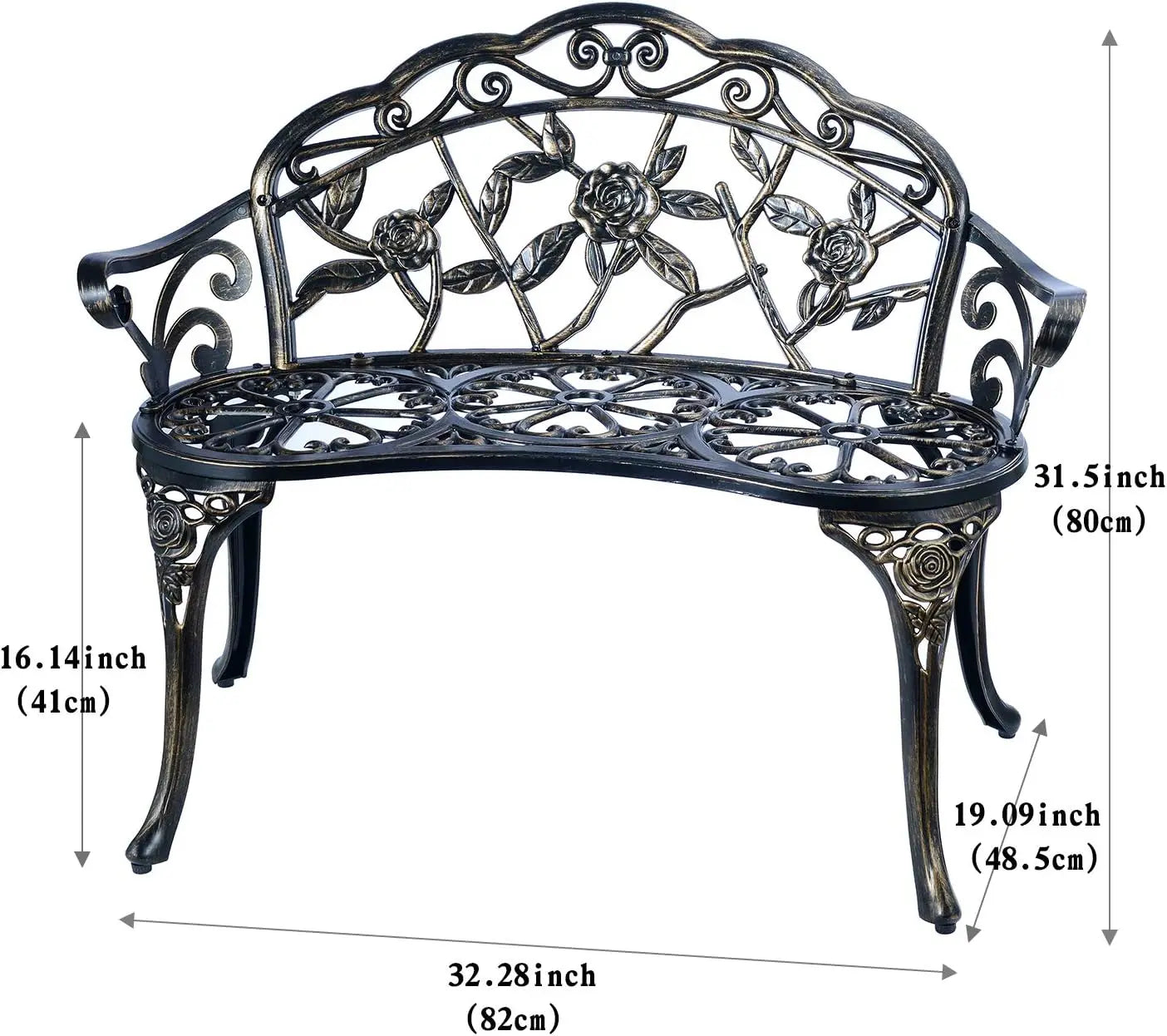 C/G Patio Balcony Bench Double Seat, Anti-Rust Cast Aluminum Patio Garden Bench for Park Yard Outdoor Furniture Copper