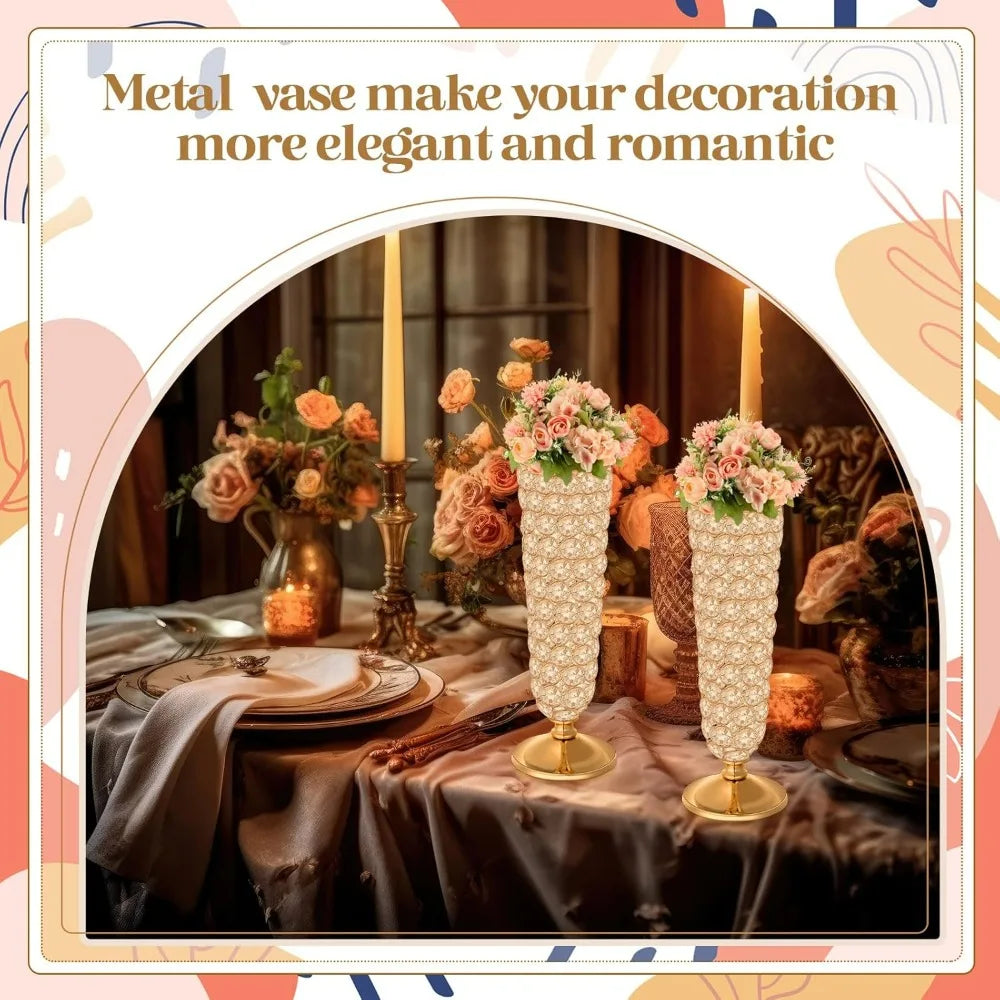 4 Pcs Crystal Trumpet Flower Vase, 12 Inch Tall Wrought Iron Crystal Vase Flower Stand Centerpieces Wedding Table Decor for Home