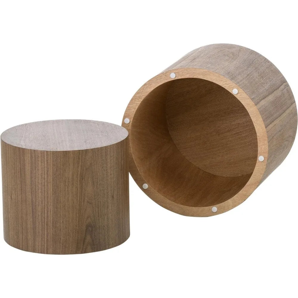Nesting Coffee Table Set of 2, Modern Round Coffee Table with Non-Slip Feet, Walnut Wooden Circle Accent Tables for Small Spaces