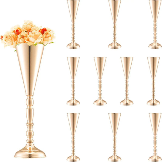 10PCS 43cm/16.9” Tall Wedding Flower Vase, Metal Wedding Trumpet Centerpiece, Gold Floral Stand Display Rack for Wedding Party