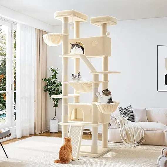 81 Inches Tall Cat Tree/Multi-Level Large Climbing Tree House and Towers for Big Feline/Condo and Hammock/Scratching Pos