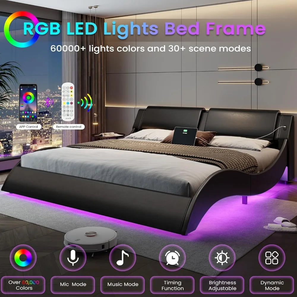 California King Bed Frame with Headboard and Led Lights, Led Bed Frame with USB,No Box Spring Needed,Bed Frame