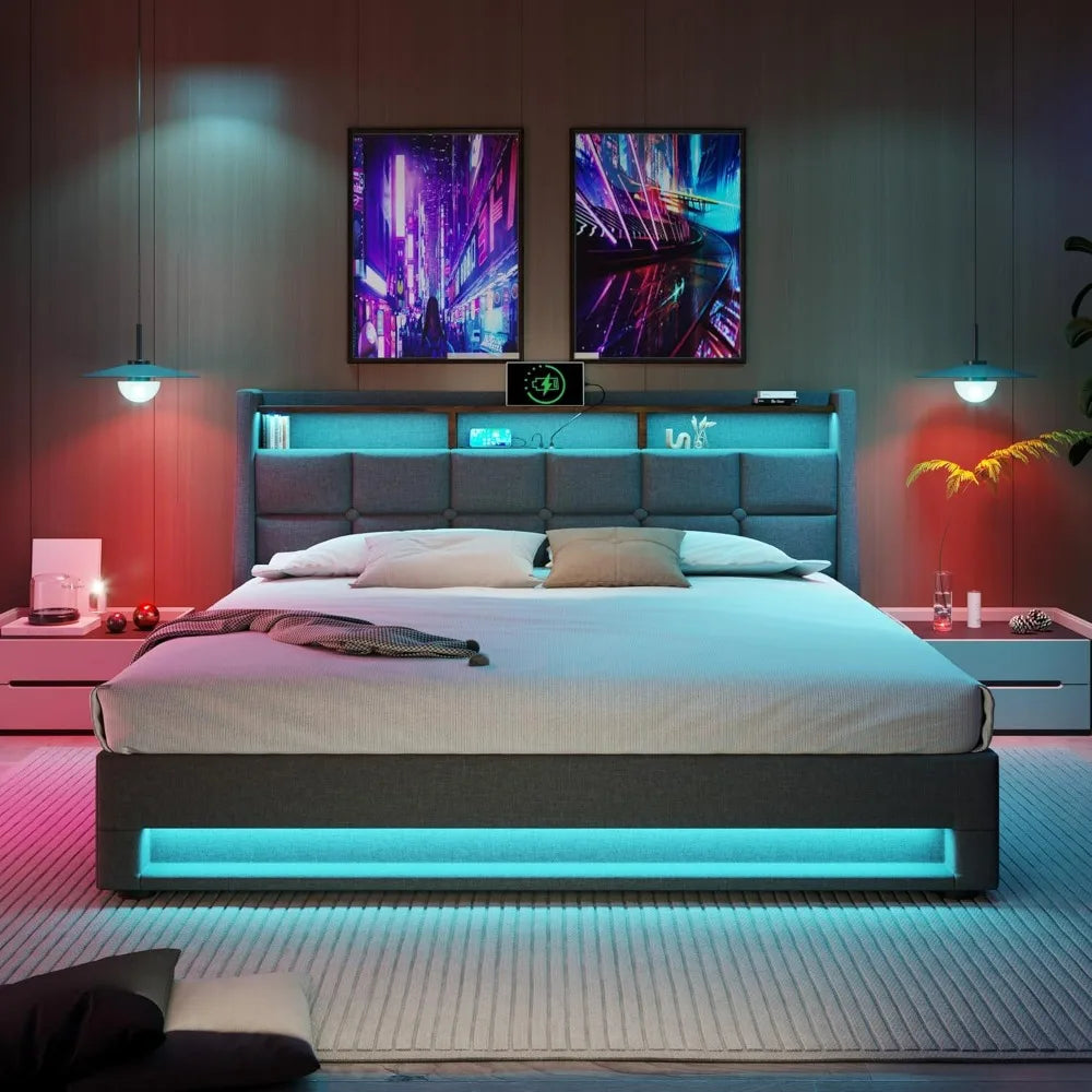 Bed Frame Queen Size with Hydraulic Storage System, Upholstered Platform Bed with Storage Headboard, LED and USB Charging, bed