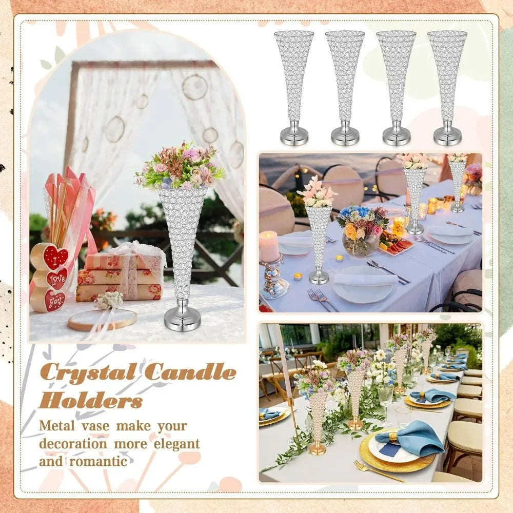 4 Pcs Crystal Trumpet Flower Vase 20 Inch Tall Wrought Iron Crystal Vase Flower Stand Centerpieces Wedding Table Decor for Home