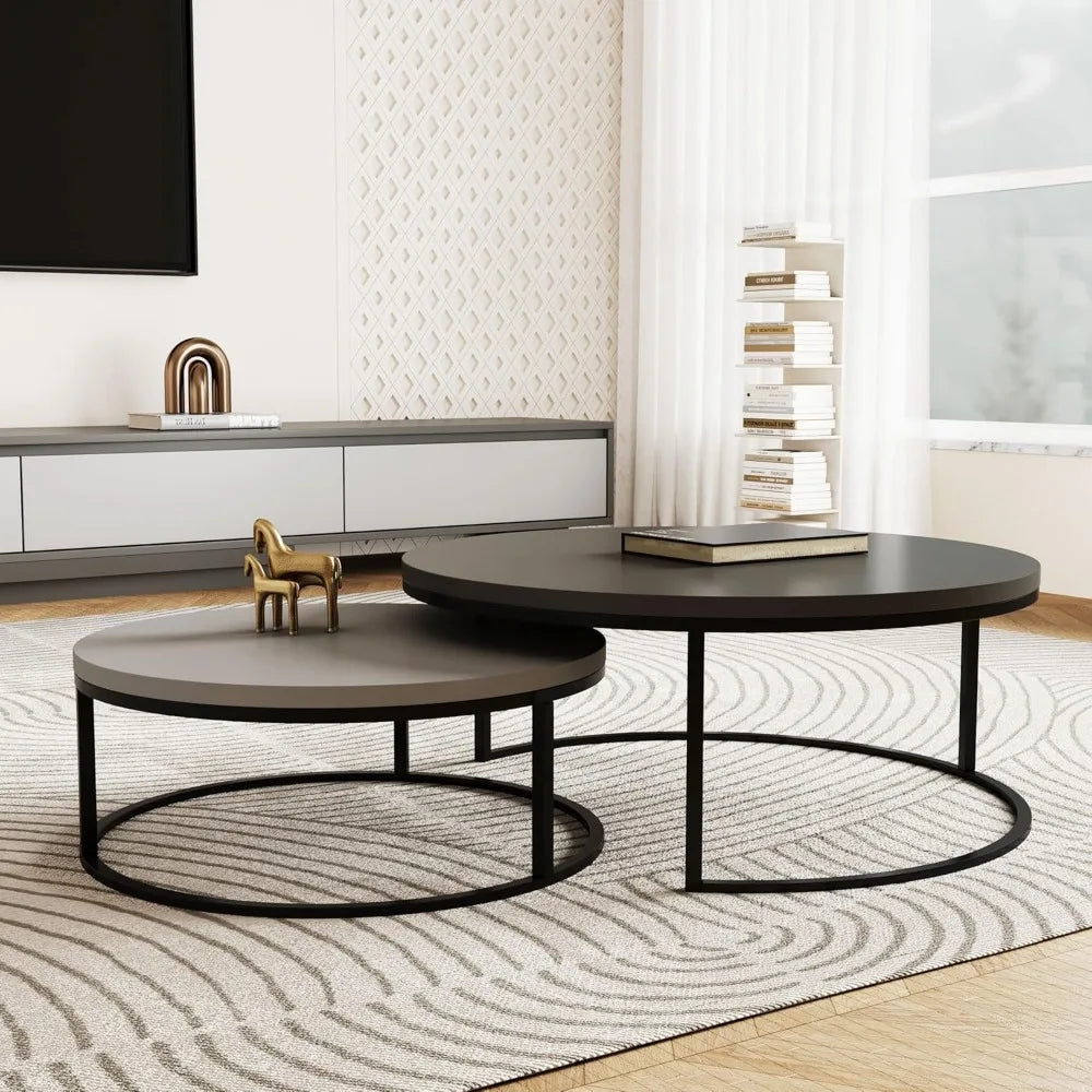 Modern Round Coffee Table Set, Nesting Cocktail Tables with Black Metal Legs, Dark Gray/Light Gray, Easy Assembly