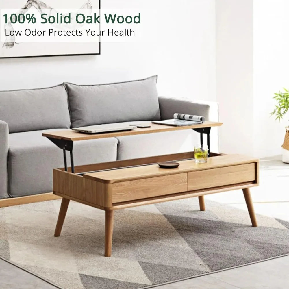 100% Solid Oak Lift Top Coffee Table, Wood Coffee Table with Hidden Compartment and Drawers - Coffee Tables