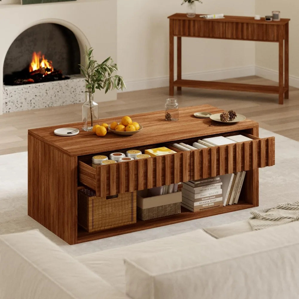 Wood Coffee Table with Storage, Coffee Table Fluted Drawers and Open Storage Space, Mid Century Center Table for Living Room