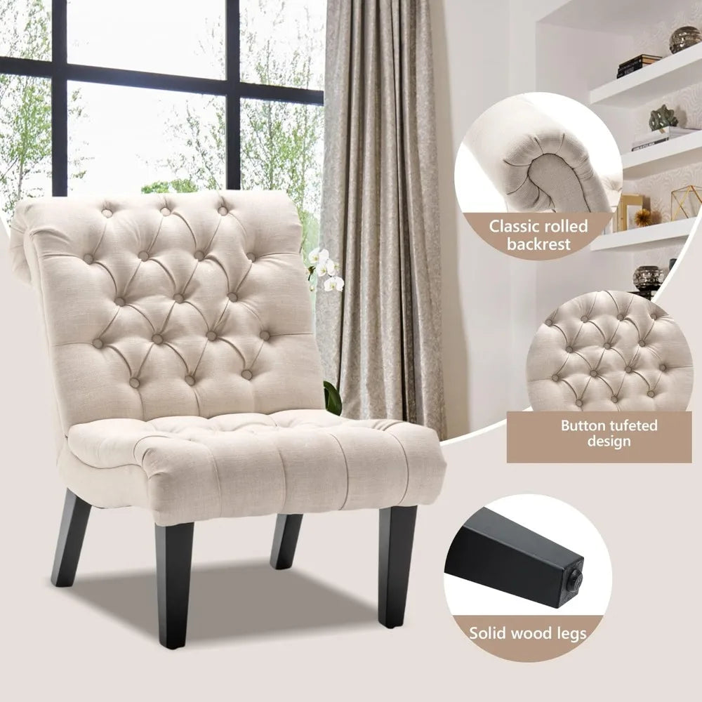 Accent Chairs Set of 2 Modern Armless Living Room Bedroom Chairs Upholstered Button Tufted Slipper Chairs with Solid W