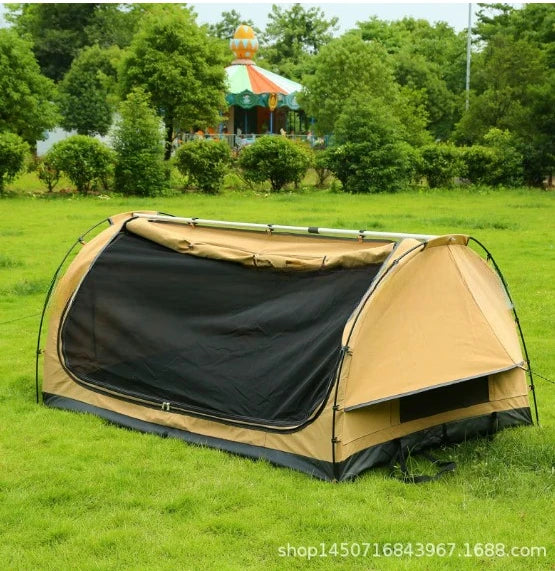 No setup required - quick-opening outdoor folding sleeping bag tunnel tent for camping and outdoor recreation.