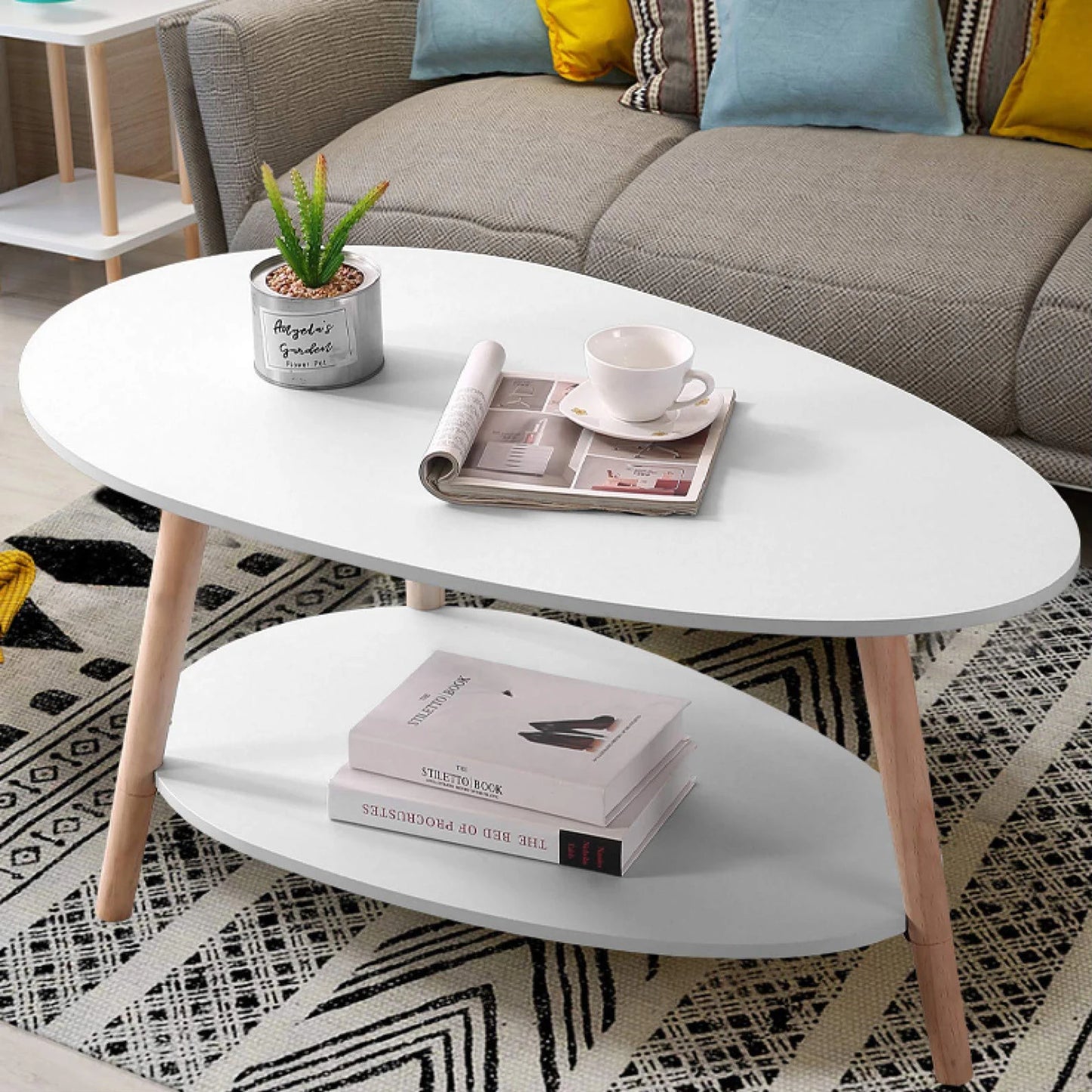 Vabches Coffee Table Oval Wood End Table with 2 Tier Open Storage Shelves White Modern Sofa Side Table for Living Room Furniture