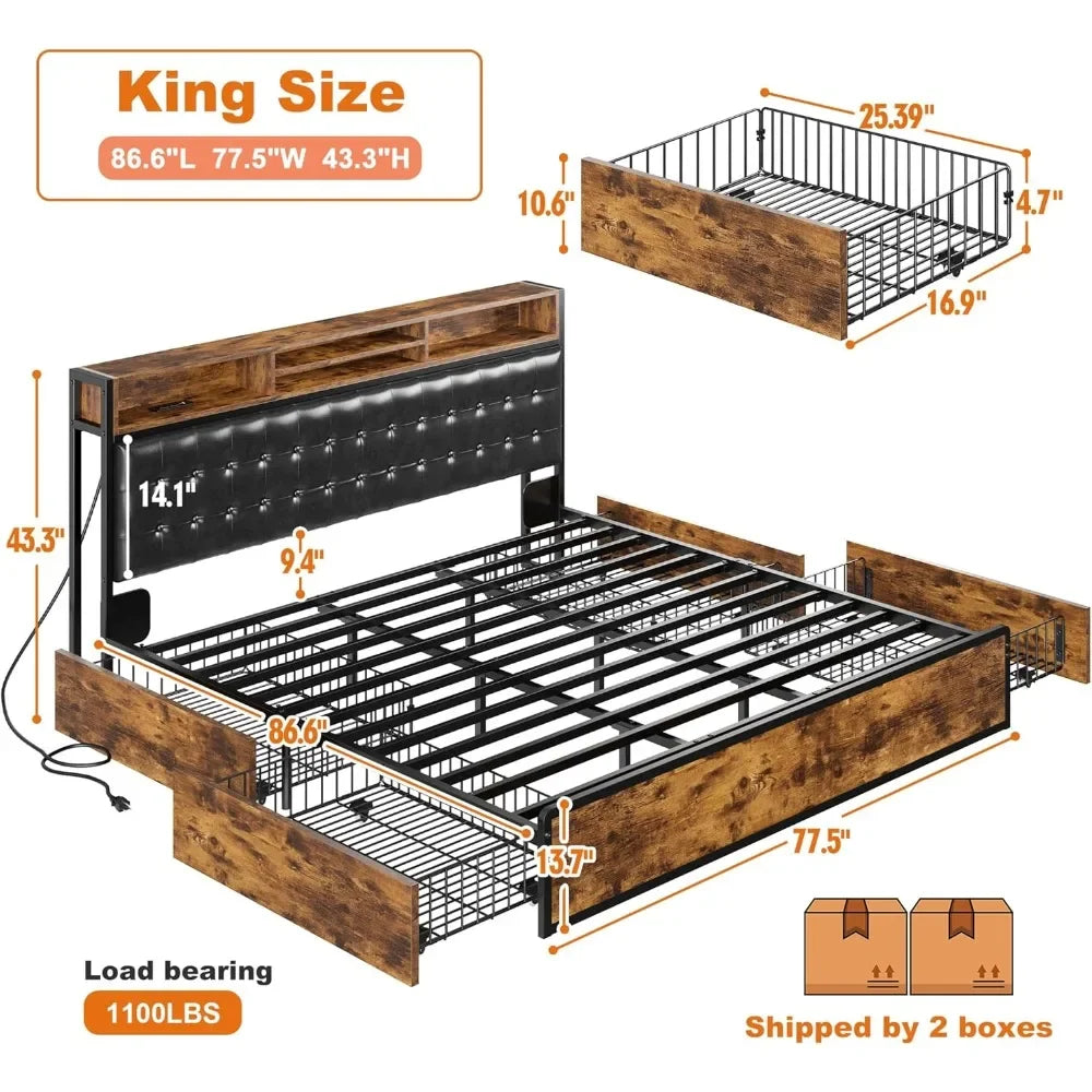 King Bed Frame with 4 Storage Drawers and Headboard, Bed Frame with Storage & Charging Station, No Box Spring Needed, Bed Frame