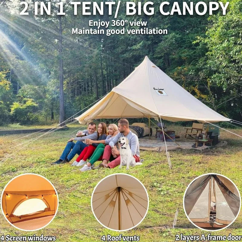 DANCHEL OUTDOOR B5PRO 4 Season Canvas Bell Tent with 2 Stove Jacks, Glamping Yurt Tent for All Year Living 4/6/8 Person