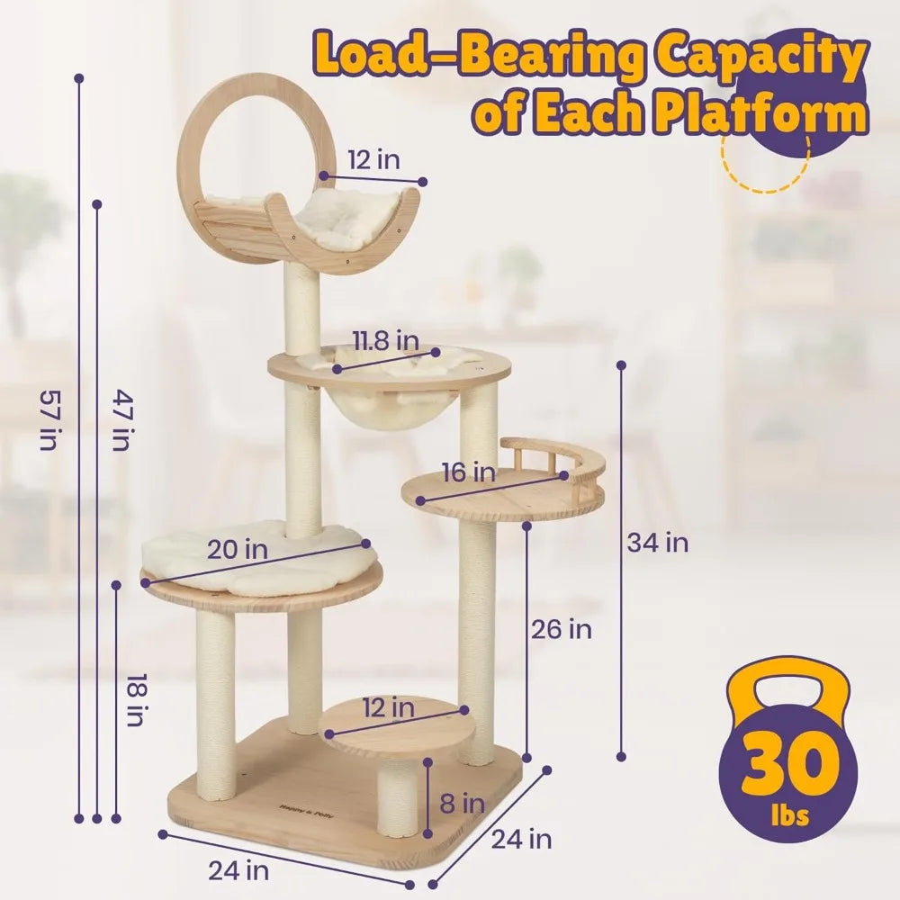 LUCK Happy&Polly Solid Wood Cat Tree - 56.3" Multi-Level Building Block Cat Tower With Cozy Hammock, Sisal Scratching Posts, P