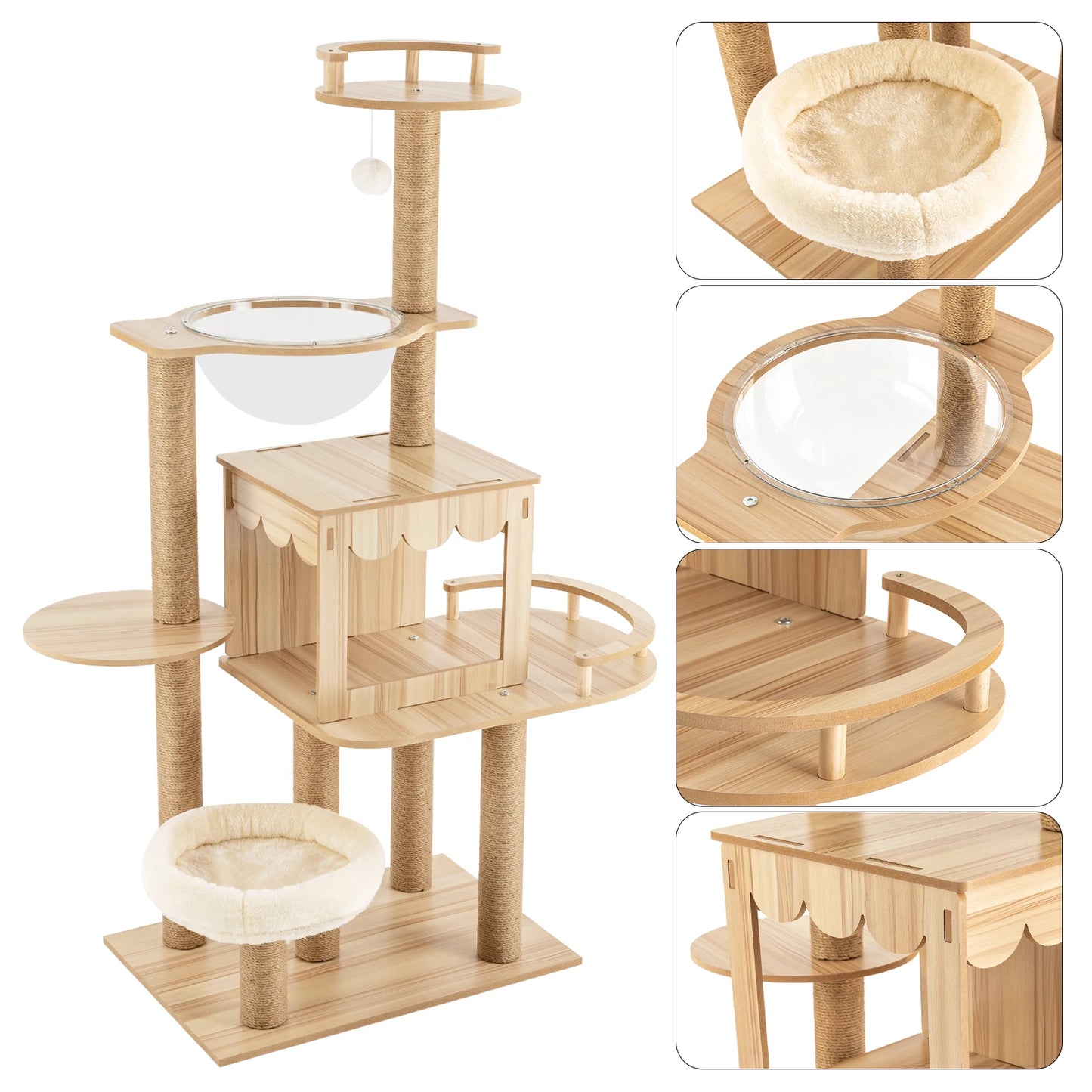 Multi-Level Wood Cat Tree Tower for Indoor All-in-one Pets Play Tree Climbing Jumping Toy Frame with Cushionss