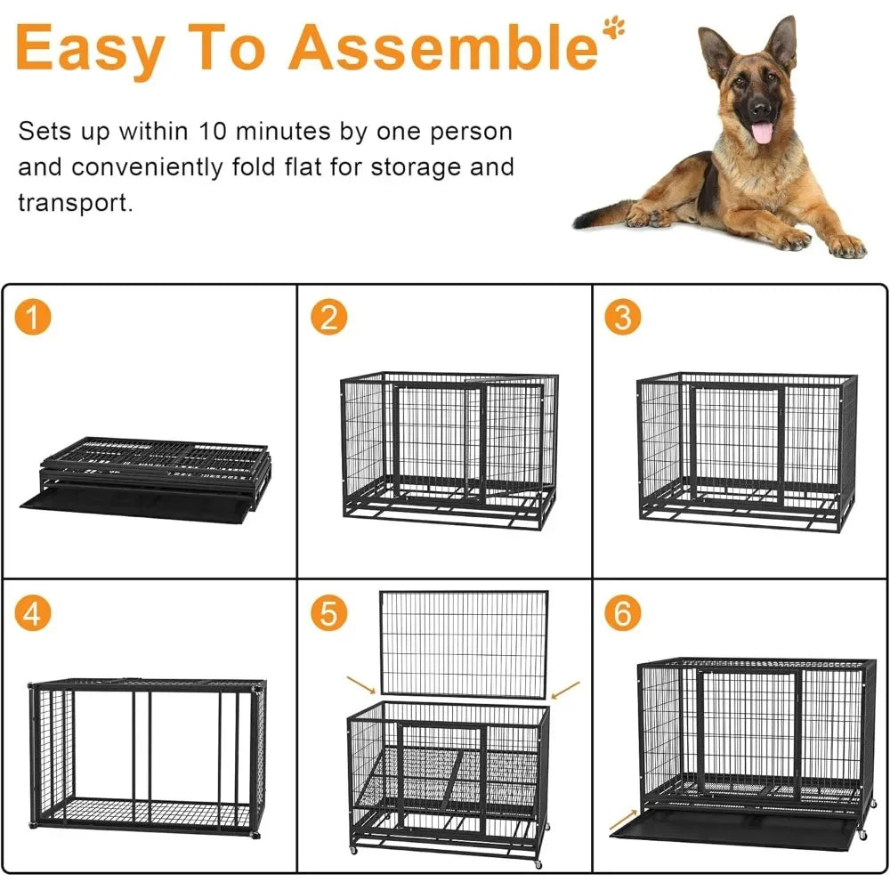 Dog Crate Cage Kennel for Large Dogs, High Anxiety Dog Crate with Removable Crate Trays, Wheels and Double Door