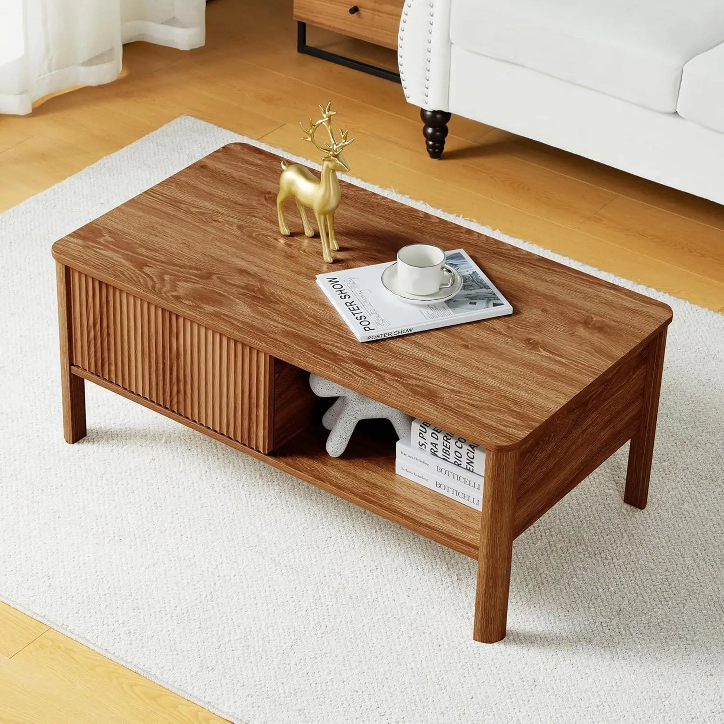 Mid-Century Modern Rectangular Wood Coffee Table with Dual Storage Shelf, Storage Center Coffee Tables with Waveform Panel