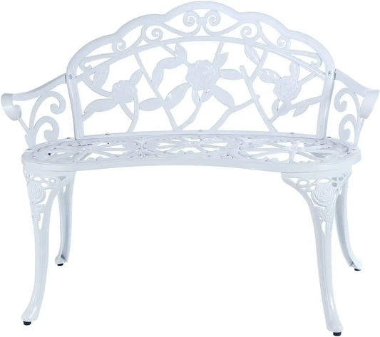 JARDIN DE CENTENNIAL Patio Garden Bench Metal Park Bench Cast Aluminum Outdoor Furniture with Floral Rose for Patio,Park,Lawn,Ya