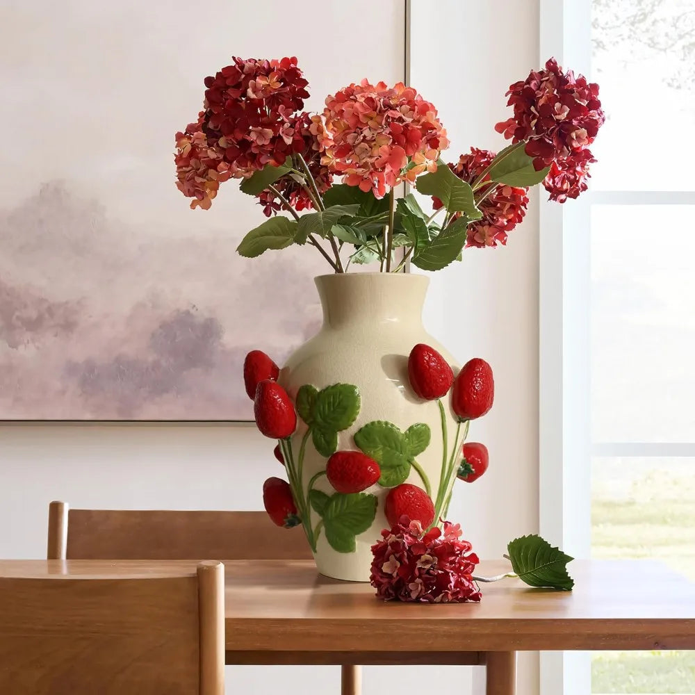 Unique Ceramic Flower Vase,Modern Decorative Pottery Vases for Dining Table Living Room Decor,Ivory with Red Strawberries