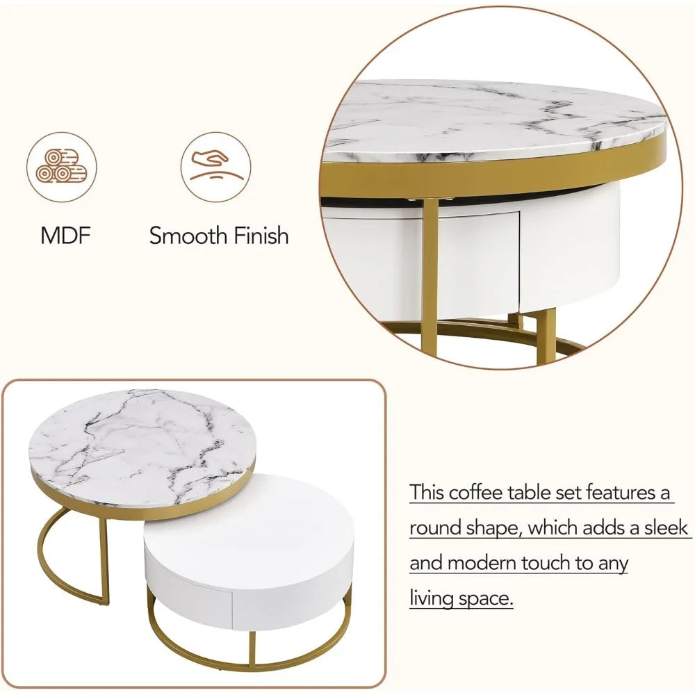 Modern Round Nesting Coffee Table with Marble Top, White & Gold Nesting Coffee Table Set of 2 Center Table with Storage Drawers