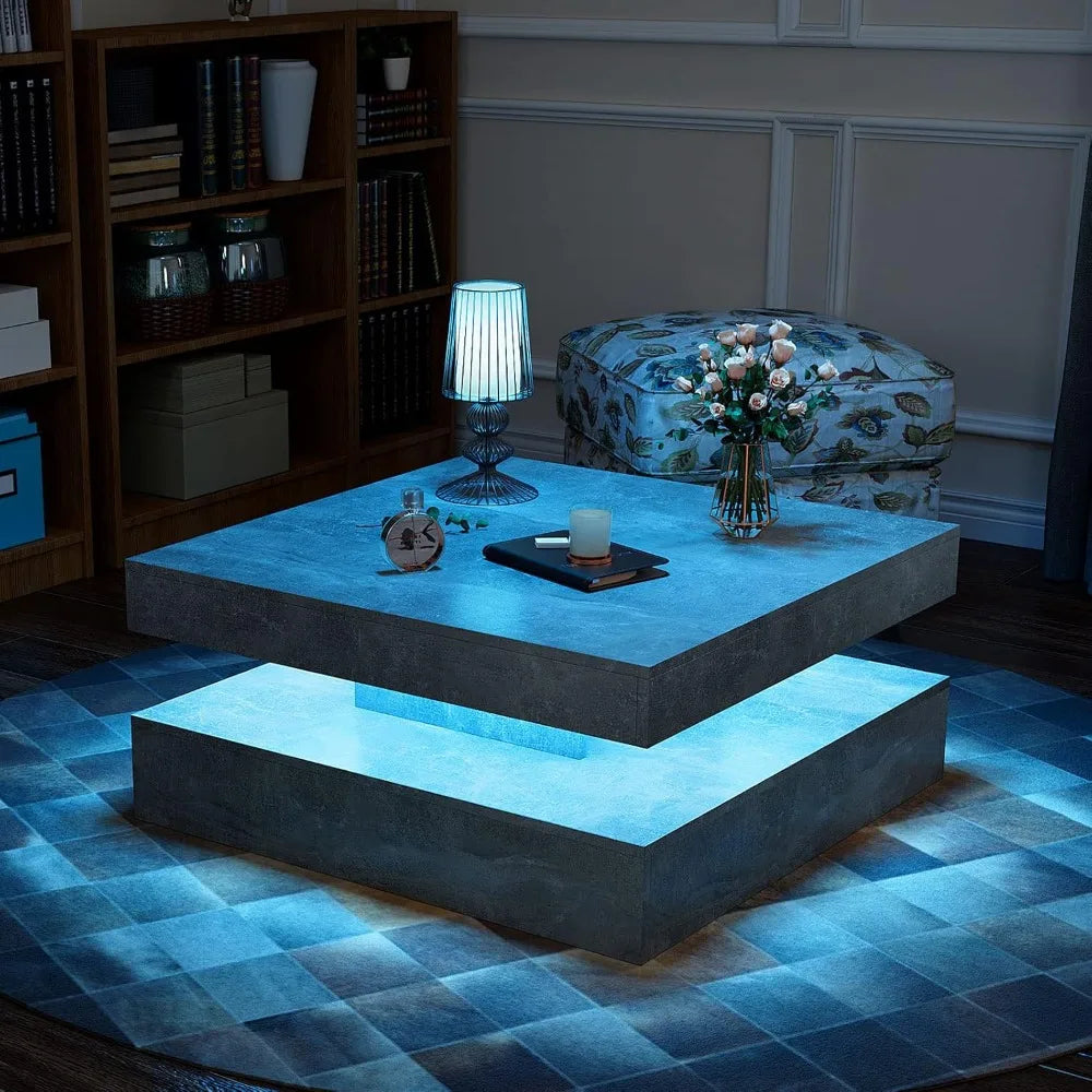 LED Coffee Table for Living Room, Living Room Table 2-Tier Square Middle Center Table, Modern Coffee Tables with Storage