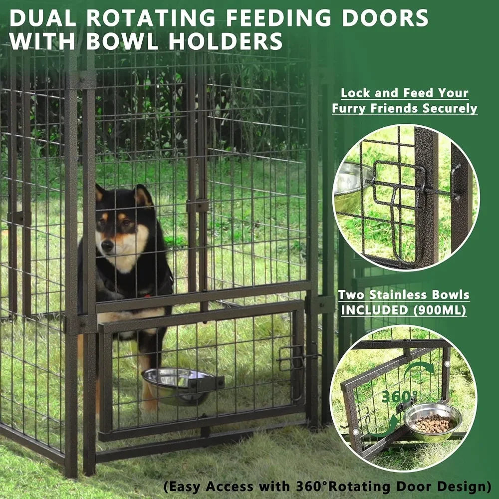 Outdoor Dog Kennel, Large Heavy Duty Metal Dog Cage Dog Pen Enclosure House with Roof & Rotating Feeding Door