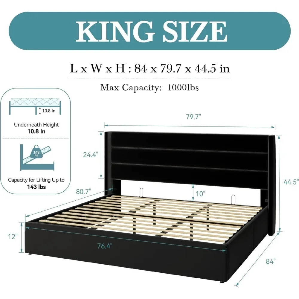 Queen Size Lift Up Storage Bed with Wingback Headboard,Velvet Upholstered Platform Bed Frame Noise-Free,Black,Bed Frames