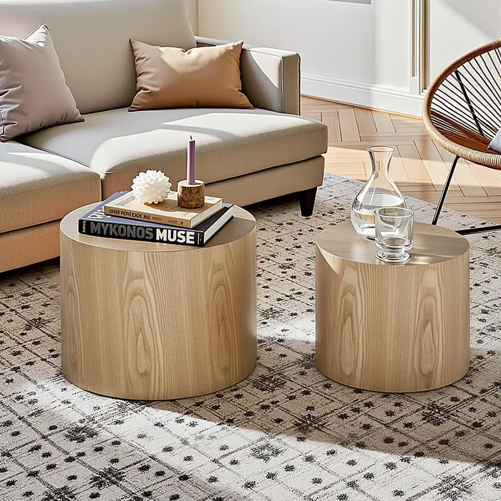 Nesting Coffee Table Set of 2, Modern Round Coffee Table with Non-Slip Feet, Walnut Wooden Circle Accent Tables for Small Spaces