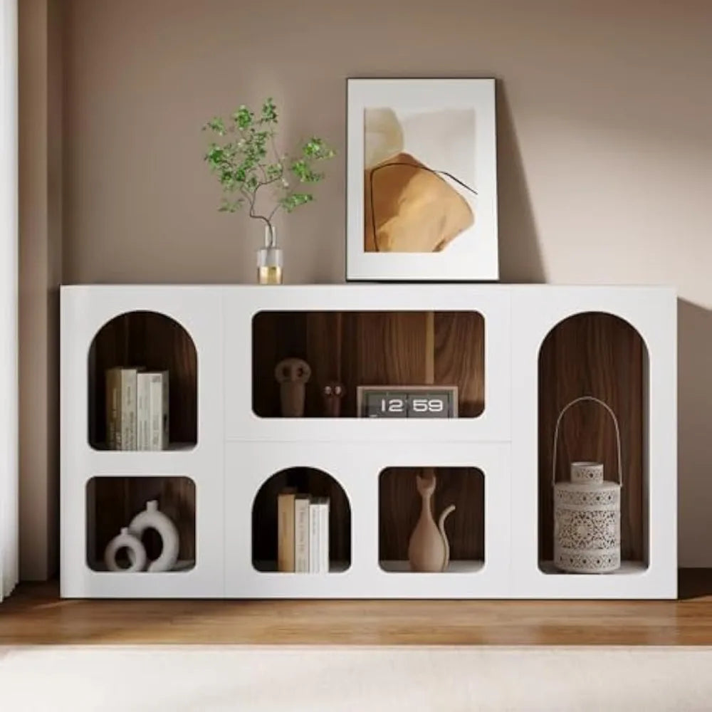 59" White Console Table, Modern Entryway Table, Wooden Storage Organizer Entrance Table with 6 Compartments, Long Sof