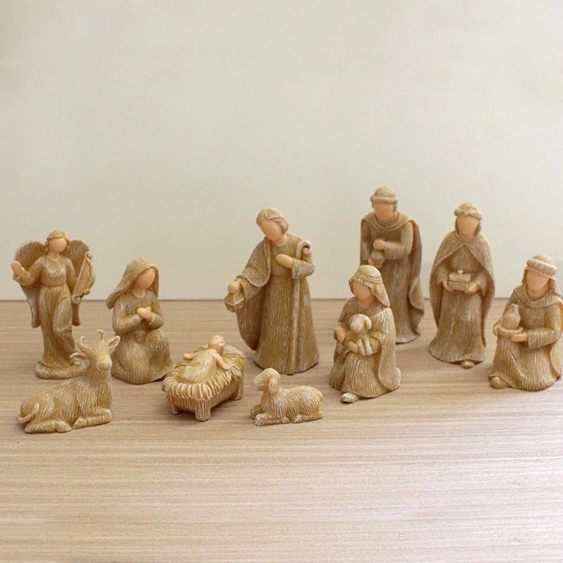 10pcs Resin Miniature Nativity Figurine Set Desktop Ornament Family Christmas Nativity Sculptures Handicrafts Church