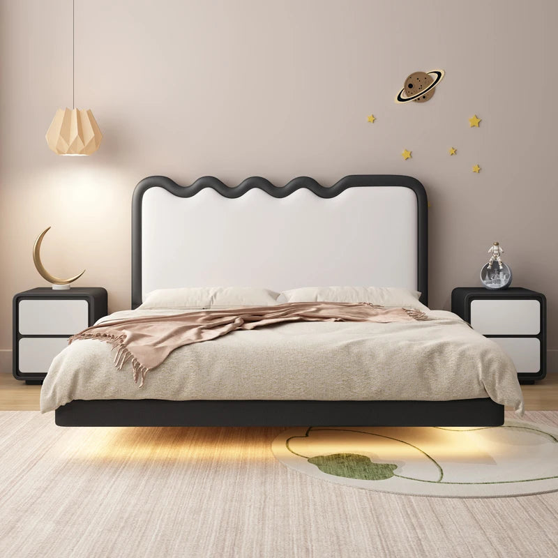 Cream Floating Kids Bed - Minimalist Solid Wood Frame with LED Lighting