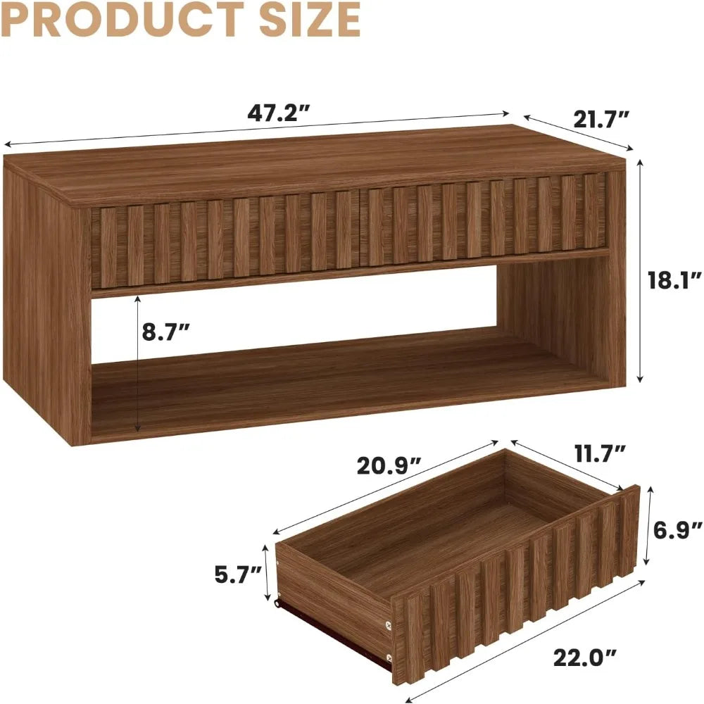 Wood Coffee Table with Storage, Coffee Table Fluted Drawers and Open Storage Space, Mid Century Center Table for Living Room