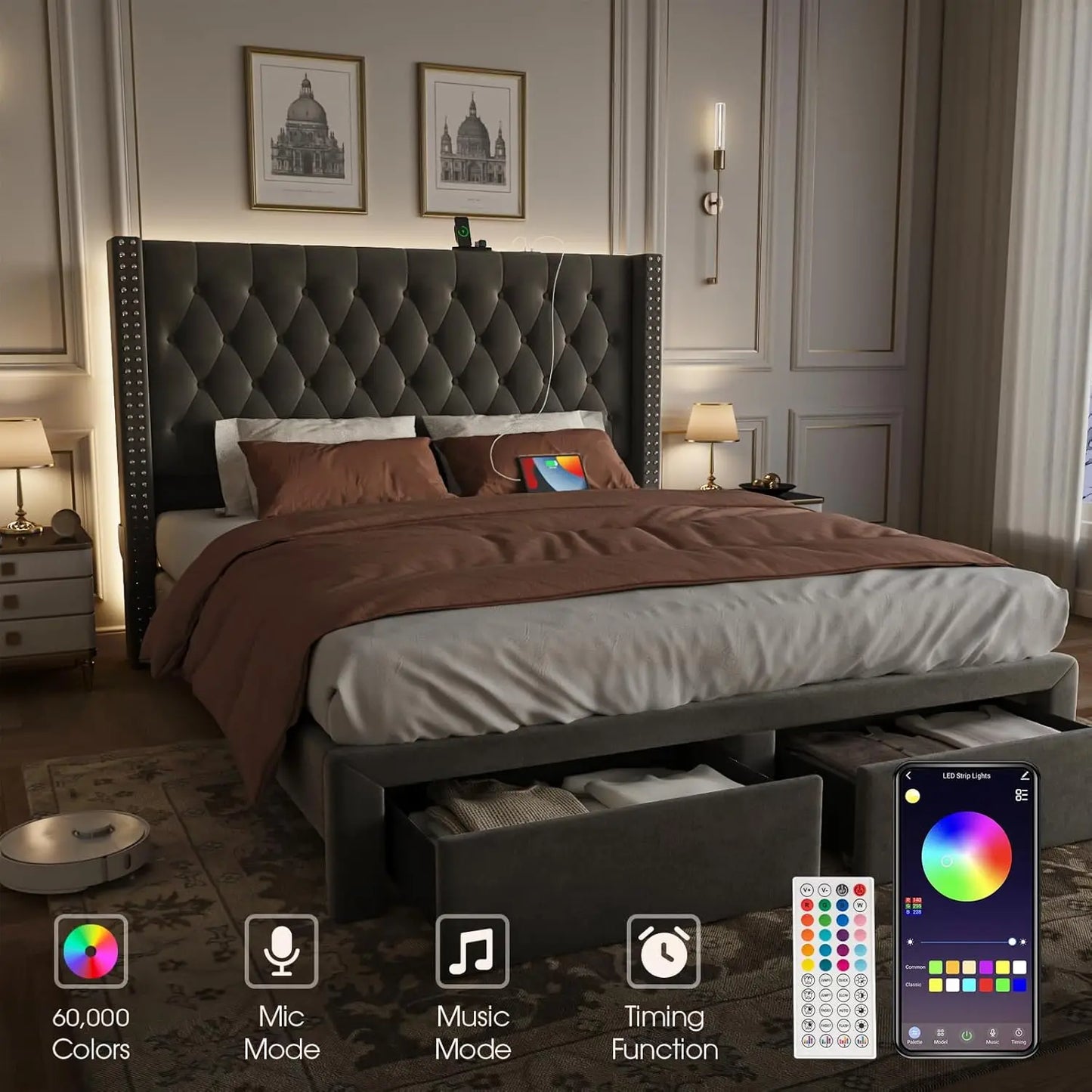 Upholstered Bed Frame Queen with Headboard and Storage, Velvet Tall Bed Frame with 2 Drawers, Tufted Wingback Bed Frame