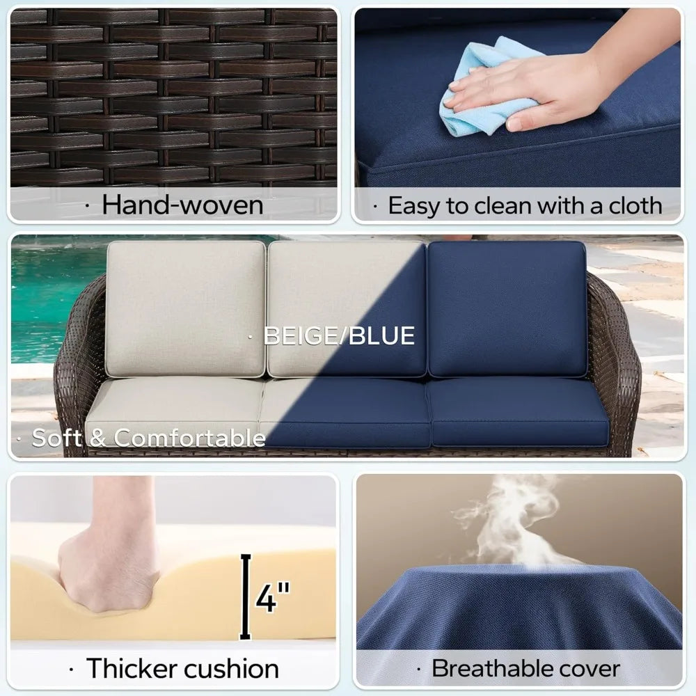 78" Wicker 3-seat Sofa, Outdoor Conversation Furniture, All-Weather Rattan Couch, Steel Frame Couch with Cushions for Garden, Po