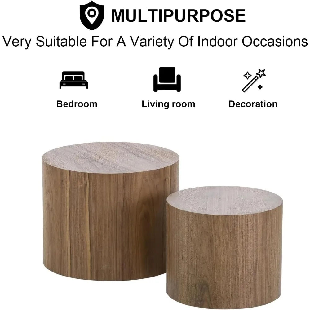 Nesting Coffee Table Set of 2, Modern Round Coffee Table with Non-Slip Feet, Walnut Wooden Circle Accent Tables for Small Spaces