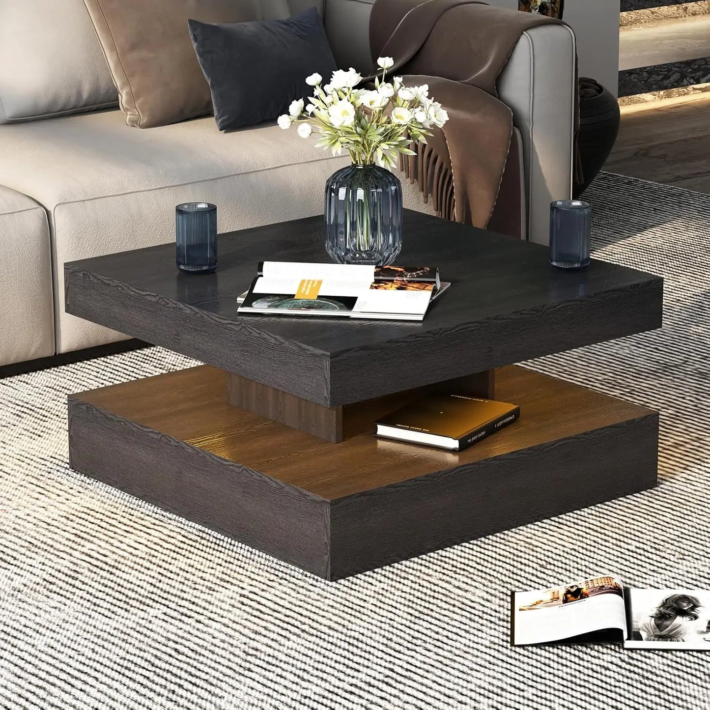 LED Coffee Table for Living Room, Living Room Table 2-Tier Square Middle Center Table, Modern Coffee Tables with Storage