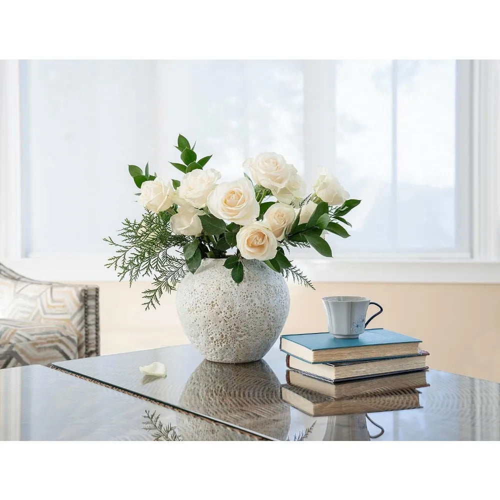 White Ceramic Vase Flower Vase, Big Textured Round Vases for Centerpieces, Kitchen, Living Room, (8" x 8.5" x 8.5") Vases