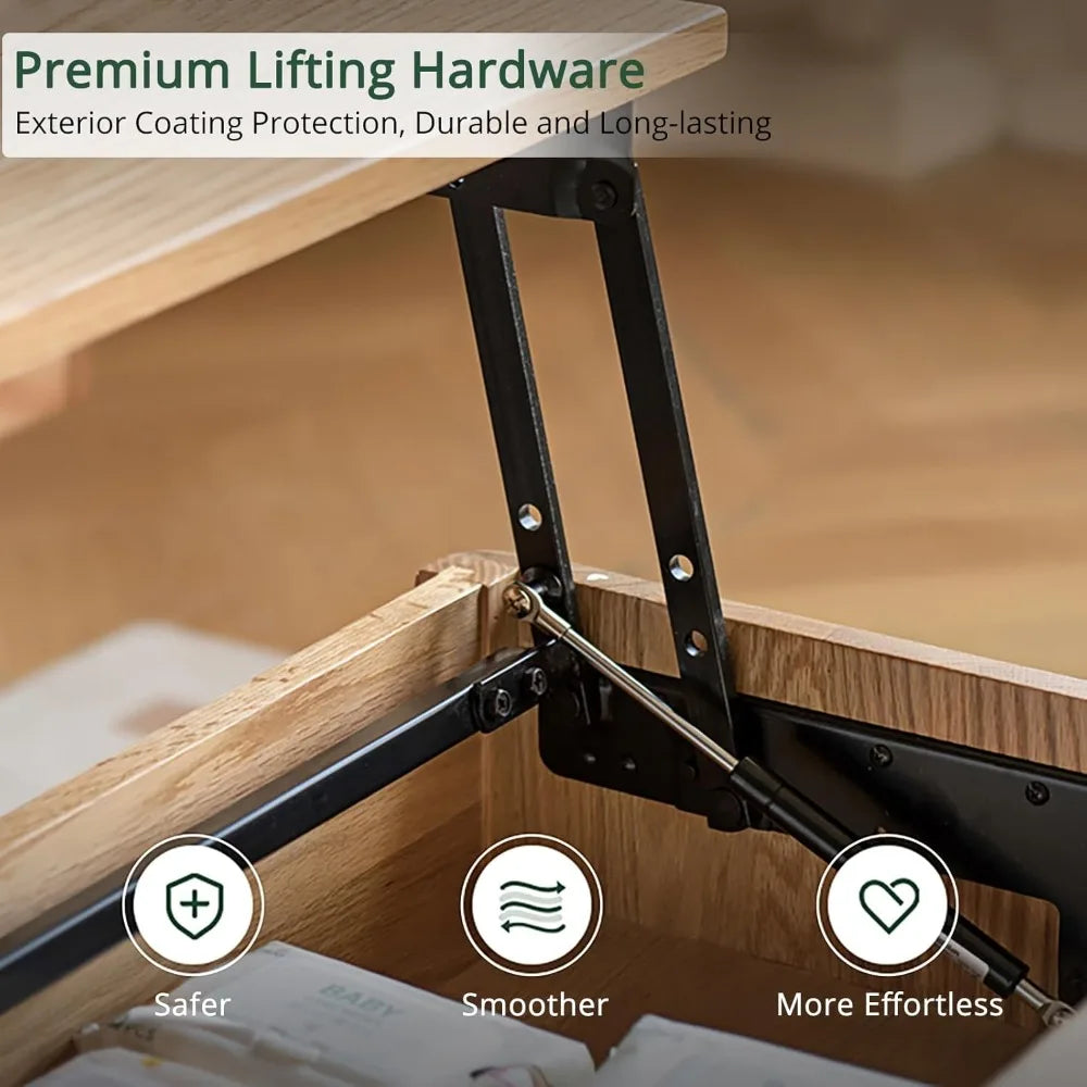 100% Solid Oak Lift Top Coffee Table, Wood Coffee Table with Hidden Compartment and Drawers - Coffee Tables