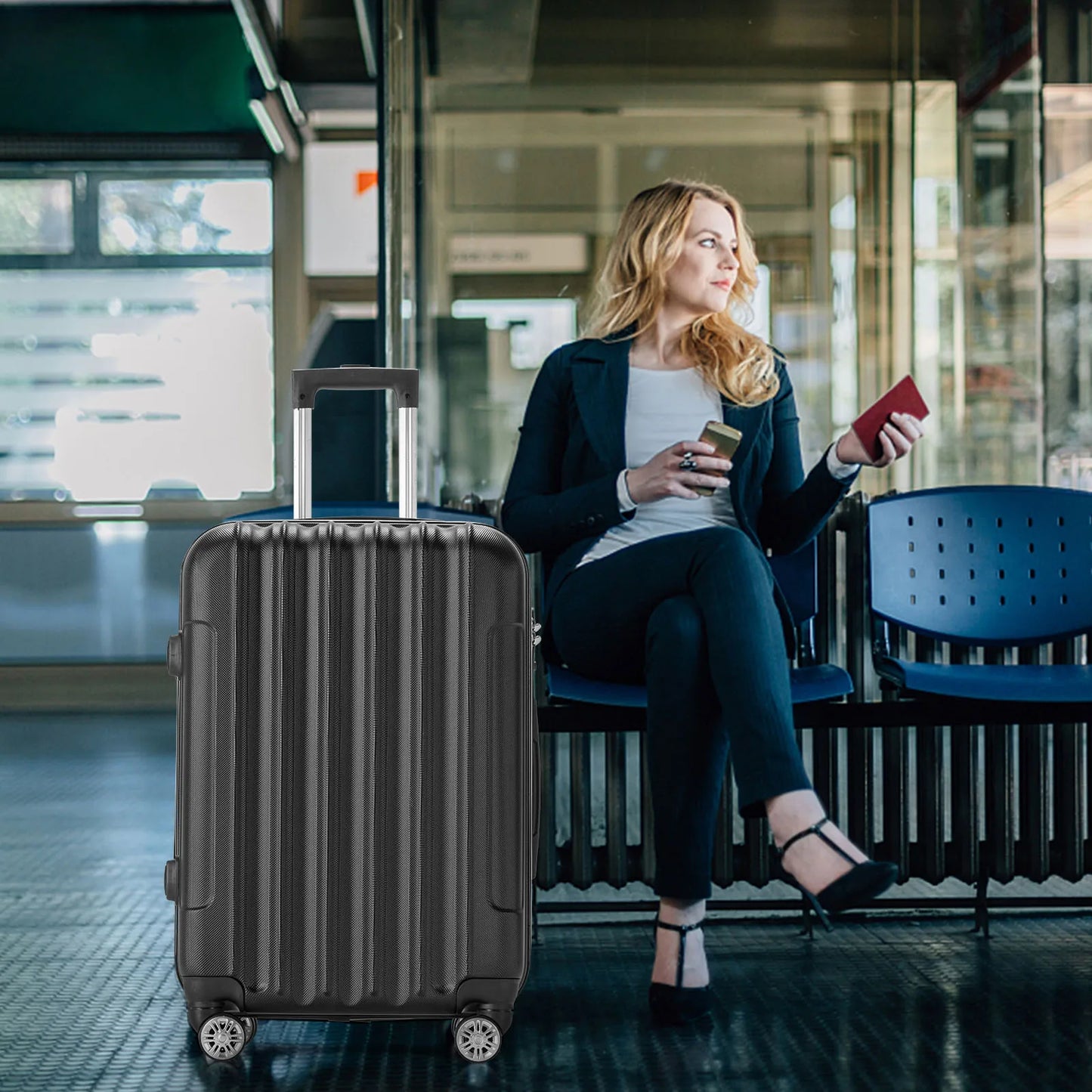 4 Piece Luggage Sets, 16/20/24/28" ABS Durable Suitcase Sets Double Wheels TSA Lock, Black