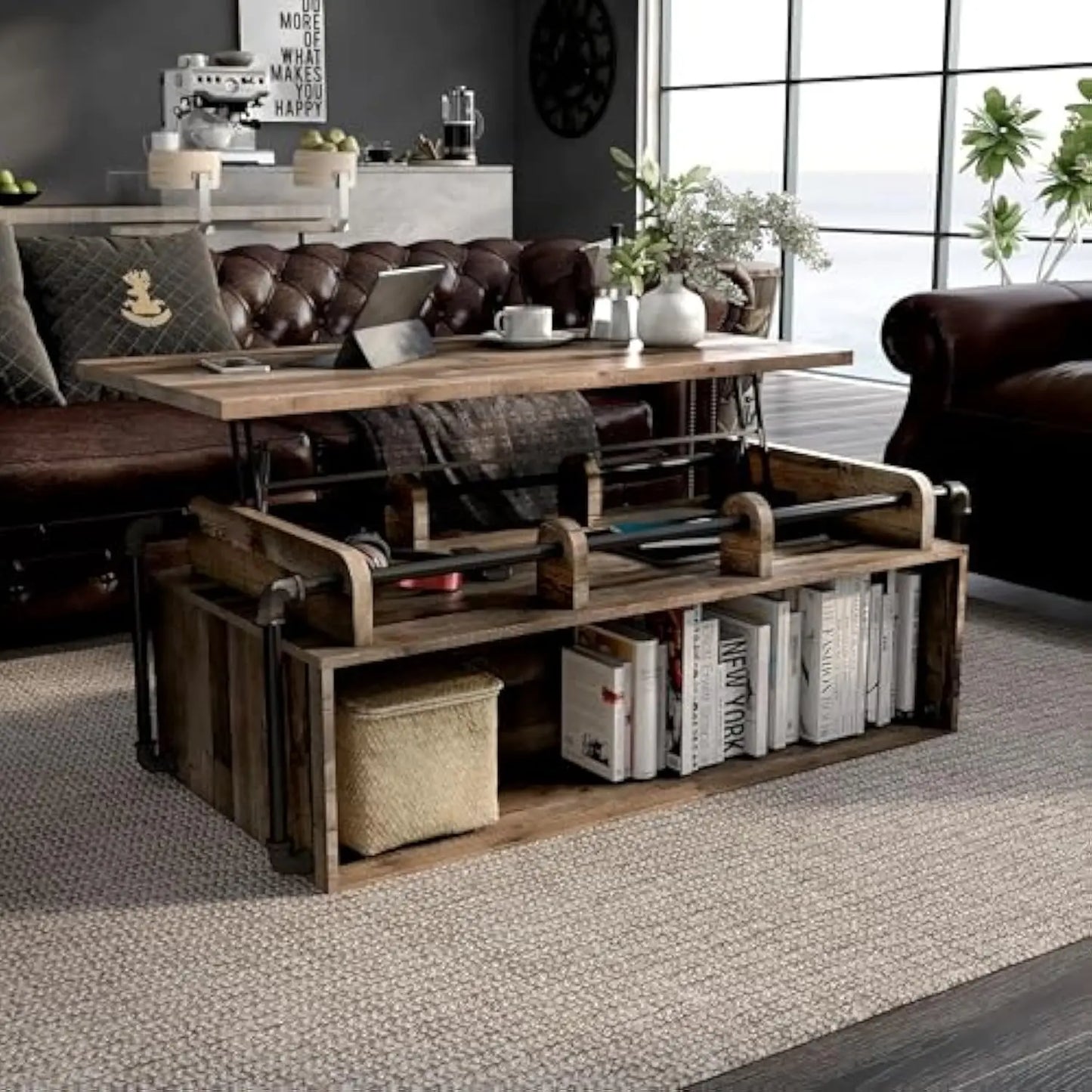 Galilhai 52 Wood Lift-Top Coffee Table with Storage, Industrial Rectangle Desk with Height-Adjustable Tabletop, for Small Spac