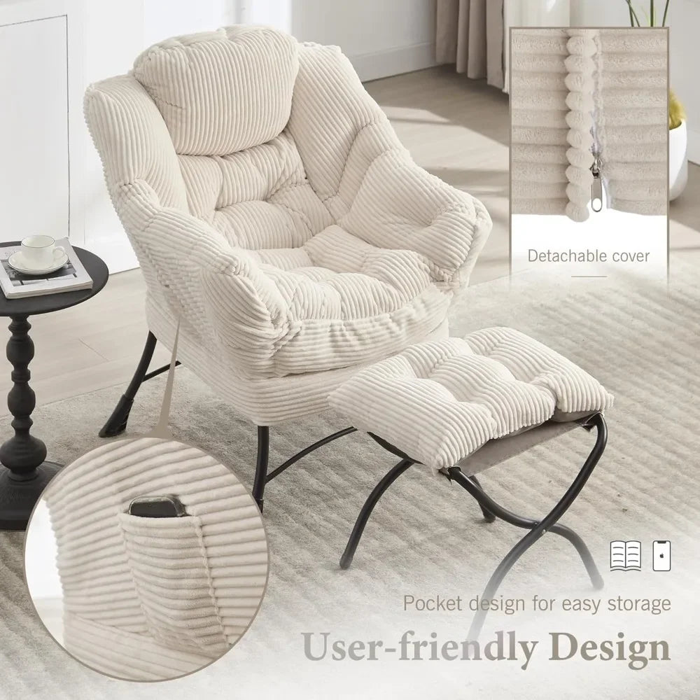 Lazy Chair with Ottoman Bedroom Chairs for Adults Modern Lounge Accent Chair with Armrests, Ergonomic Footrest for Small Spaces