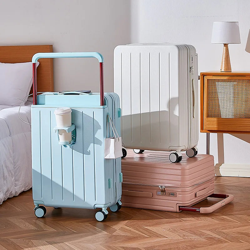 20"24"26 Inch Wide Handle Travel Suitcase PC Zipper Rolling luggage Trolley Case With Wheels Carry-on Luggage With Cup Holder